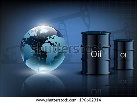 Oil pump oil rig energy industrial machine and barrels of oil on a blue background