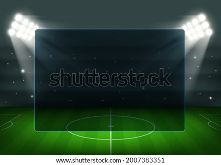 Transparent glass screen on the background of a football field with a lawn. Sports background illuminated by spotlight. Vector illustration.