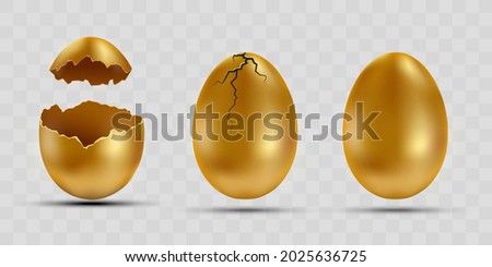 Set of golden eggs with broken shells. Templates are isolated on a transparent background. Vector illustration.