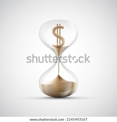 Dollar currency sign made of sand inside an hourglass. Isolated on white background. vector illustration