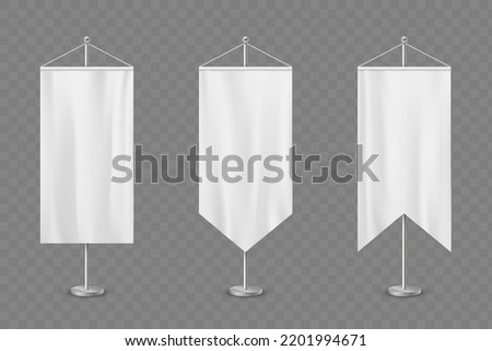 Mockup white long pennants on stands. Templates are isolated on a transparent background. Vector illustration