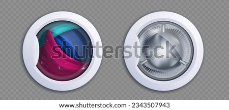 Washing machine drum with laundry and empty. Vector templates isolated on transparent background