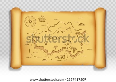 Old pirate map of treasure island on an old scroll. Template is isolated on transparent background. Vector illustration.