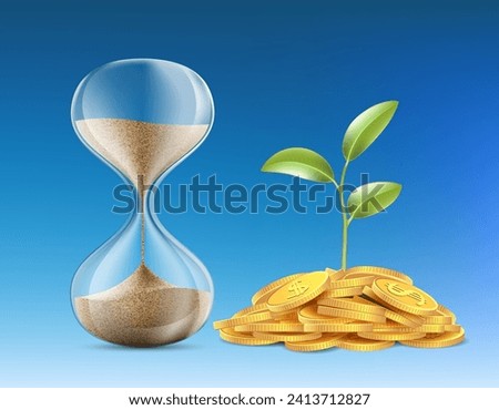 Hourglass next to a pile of coins with a plant stem on top. Stock vector illustration