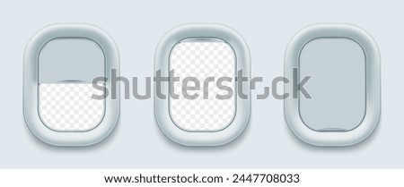 Vector aircraft windows. Airplane porthole in open and closed positions. Stock illustration.