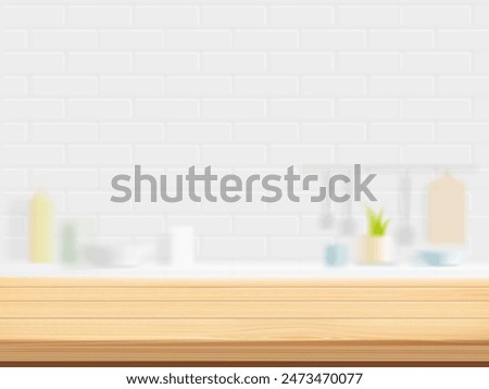 Empty wooden kitchen table against a blurred background. Vector stock illustration