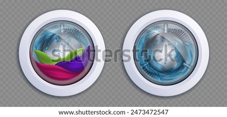 Washing machine drum with clothes and empty with water. Vector templates isolated on transparent background