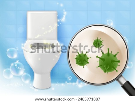 Germs or bacteria under magnifying glass on toilet. Stock vector illustration