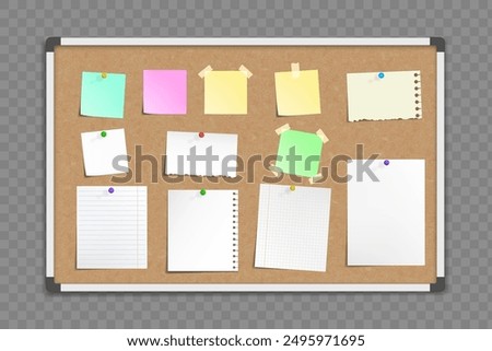 Office cork bulletin board template for business. With sheets of paper and stickers for notes. Mockup isolated on a transparent background. Vector illustration