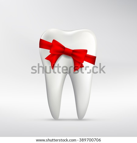 Human tooth with red ribbon. Stock vector illustration.