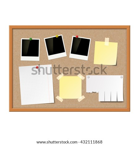 Empty photo frames, paper notes and yellow stickers attached to cork message board. Stock vector illustration.