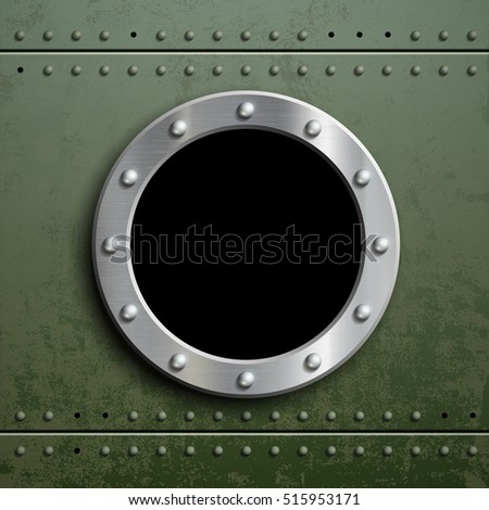 Round window porthole on green metal background. Military armor with camouflage. Stock vector illustration