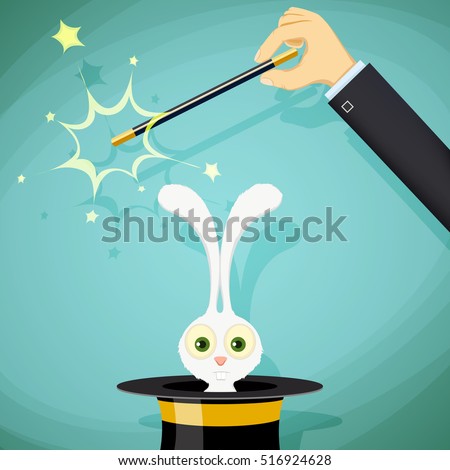 Magician with magic wand and a rabbit in a hat. Stock vector illustration.