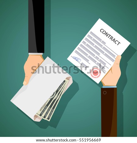 Two men hold in their hands contract and bribe. Corruption in business. Stock vector illustration.