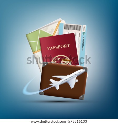 Passport with ticket and map. Plane flies round suitcase. Travel concept background. Stock vector realistic illustration.