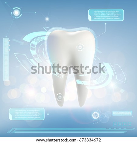 Human tooth. Digital HUD infographics. Scientific futuristic background with dashboard. Whitening and treatment. Stock vector illustration.