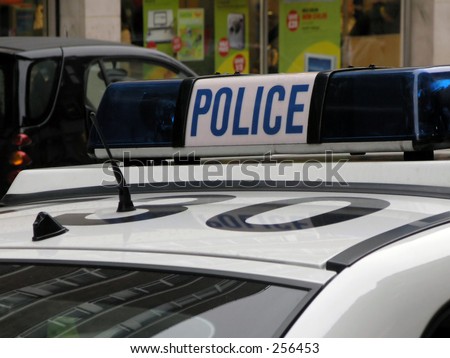 Police patrol car in Leeds city center. (Leeds, Yorkshire, UK).