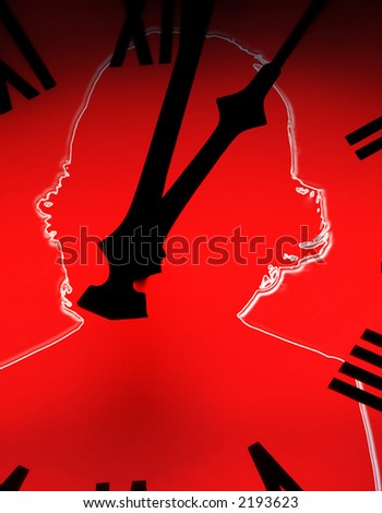 Closeup of clock face overlaid with woman outline on red background