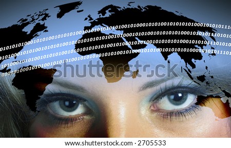 Business woman\'s eyes overlaid onto world map outline.