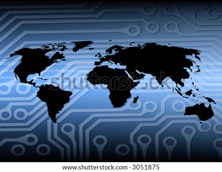 Outline of world map overlaid with circuit board pattern