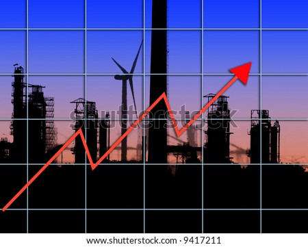 Silhouette of industrial scene overlaid with graph