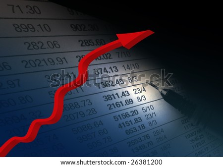 Financial recovery concept with red arrow over financial figures