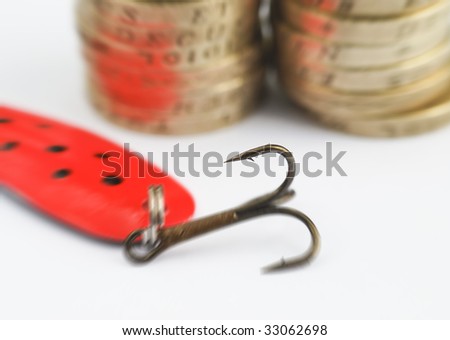 Fishing hook and stacked UK pound coins with zoom effect