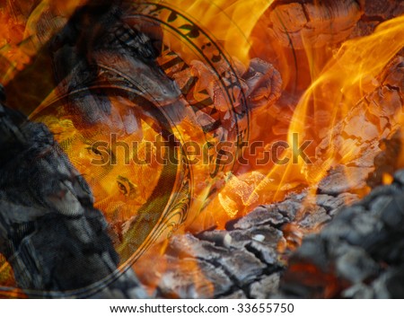 Composite image of US dollar note and log fire
