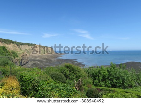 View of Robin Hood Bay cliffs. Robin Hood Bay, North Yorkshire, UK.