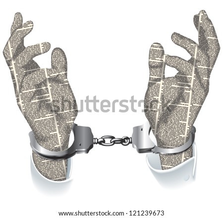 Vector silhouette of the handcuffed hands of newspaper columns texture. All texts are unreadable.