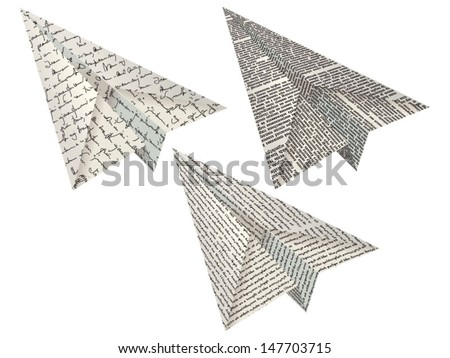 Vector paper airplanes with three different textures of the unreadable text lines.