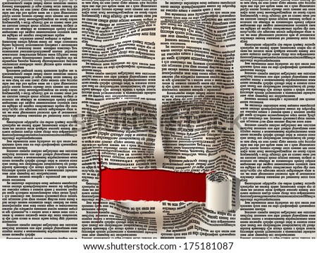 Stylized human face of the extruded surface newspaper page. Over the mouth torn piece of background red hole. Vector seamless pattern with newspaper columns. Text in newspaper page unreadable.