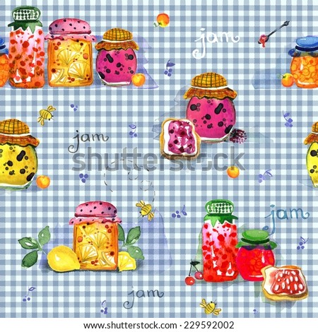 Seamless watercolor pattern with hand-drawing canned fruits and vegetables on vintage background of blue checkered fabric.