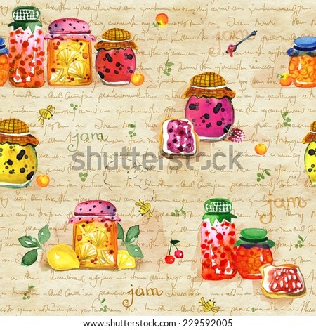 Seamless watercolor pattern with hand-drawing canned fruits and vegetables on vintage background.