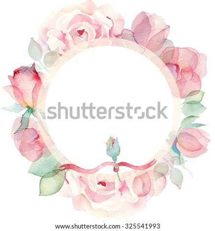 Wreath of roses, watercolor, can be used as greeting card, invitation card for wedding, birthday and other holiday and summer background.