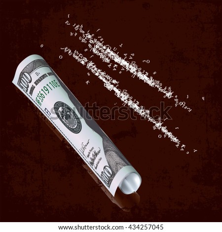 Vector illustration with lines of white letters like cocaine and one hundred dollar bill.