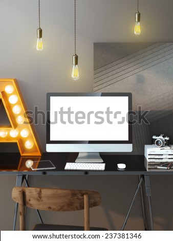 Modern workspace with computer and bulbs