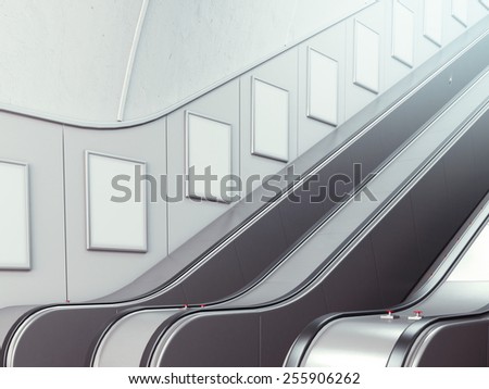 Blank billboards on the wall with escalator. 3d rendering
