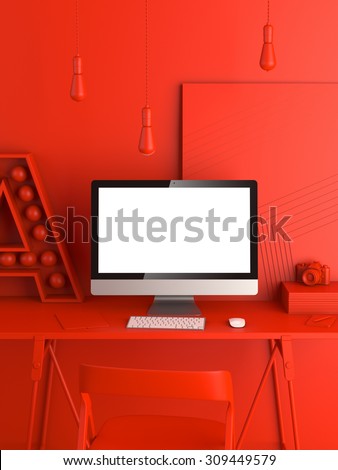 Abstract red modern workspace. 3d rendering