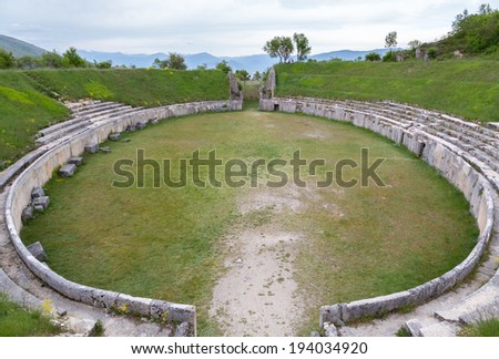 ALBA FUCENS, ITALY - MAY 18 - An ancient Roman Amphitheater dating the first half of the first century AD. Ellipsoidal, has the following dimensions: 40x69m. minor axis, 95x80m. major axis.
