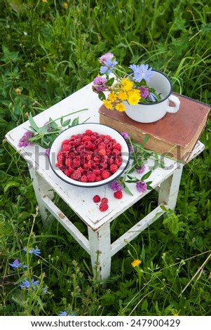 Blue bowl with raspberries, old book and cup with field flowers on the rustic white chair  .