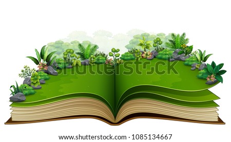 Open book with green plant of nature background