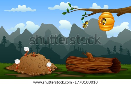 Ant colony and a beehive at nature landscape