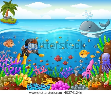 stock vector cartoon diver under the sea 403741246 - Каталог — Фотообои «Для детской»