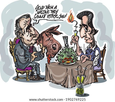 Illustration depicting the COVID virus - vaccine pandemic situation, approached from the lighter side, involving the Godfather movie characters