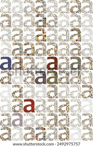 Lower case letter 'a's in grid, filled with random colored raster dots