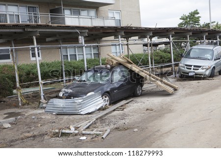 NEW YORK - November 1: Crashed cars after Hurricane Sandy  in the Far Rockaway area  on October 30, 2012 in New York City, NY