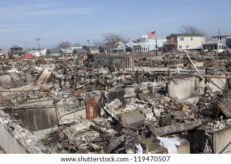 NEW YORK -NOV 12:Destroyed homes during Hurricane Sandy in the flooded neighborhood at Breezy Point in Far Rockaway area  on November 12, 2012 in New York City, NY