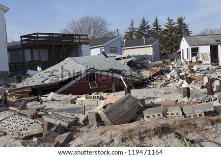 NEW YORK -NOV 12:Destroyed homes during Hurricane Sandy in the flooded neighborhood at Breezy Point in Far Rockaway area  on November 12, 2012 in New York City, NY