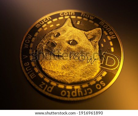 Dogecoin DOGE cryptocurrency, Face of the Shiba Inu dog on coin. Gold Dogecoin on dark backround with text and crypto symbol. 3D Illustration
